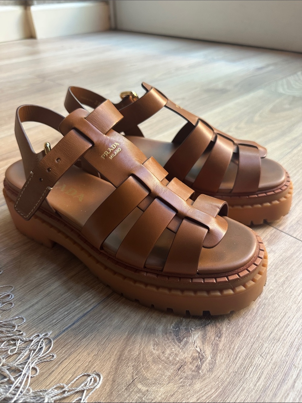 Prada Tan Leather Woven Platform Sandals